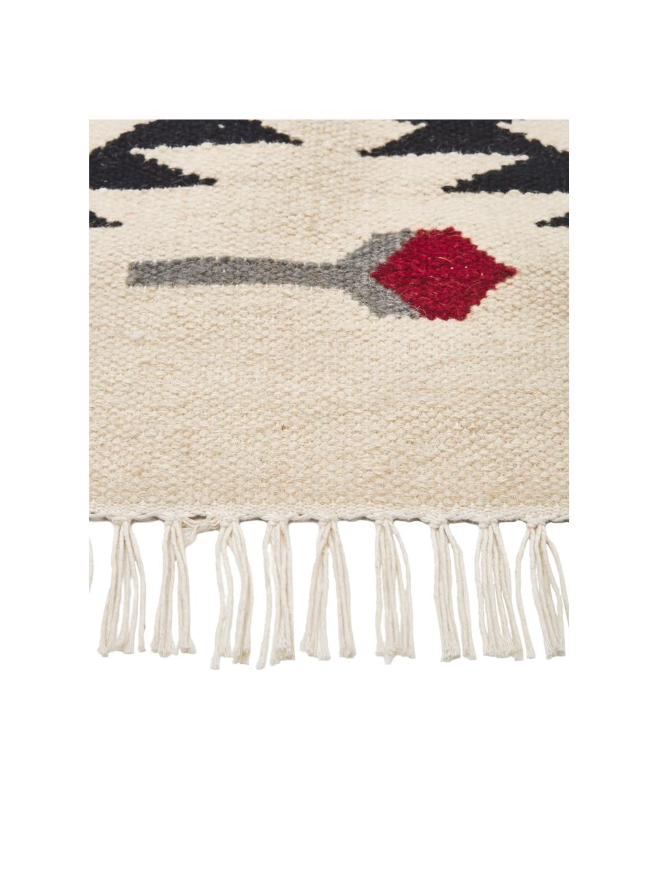 Handgeweven kelim vloerkleed Zohra Rose van wol, Bovenzijde: 90% wol, 10% katoen, Onderzijde: 100% wol Bij wollen vloer, Beige, grijs, zwart, rood, B 200 x L 300 cm (maat L)