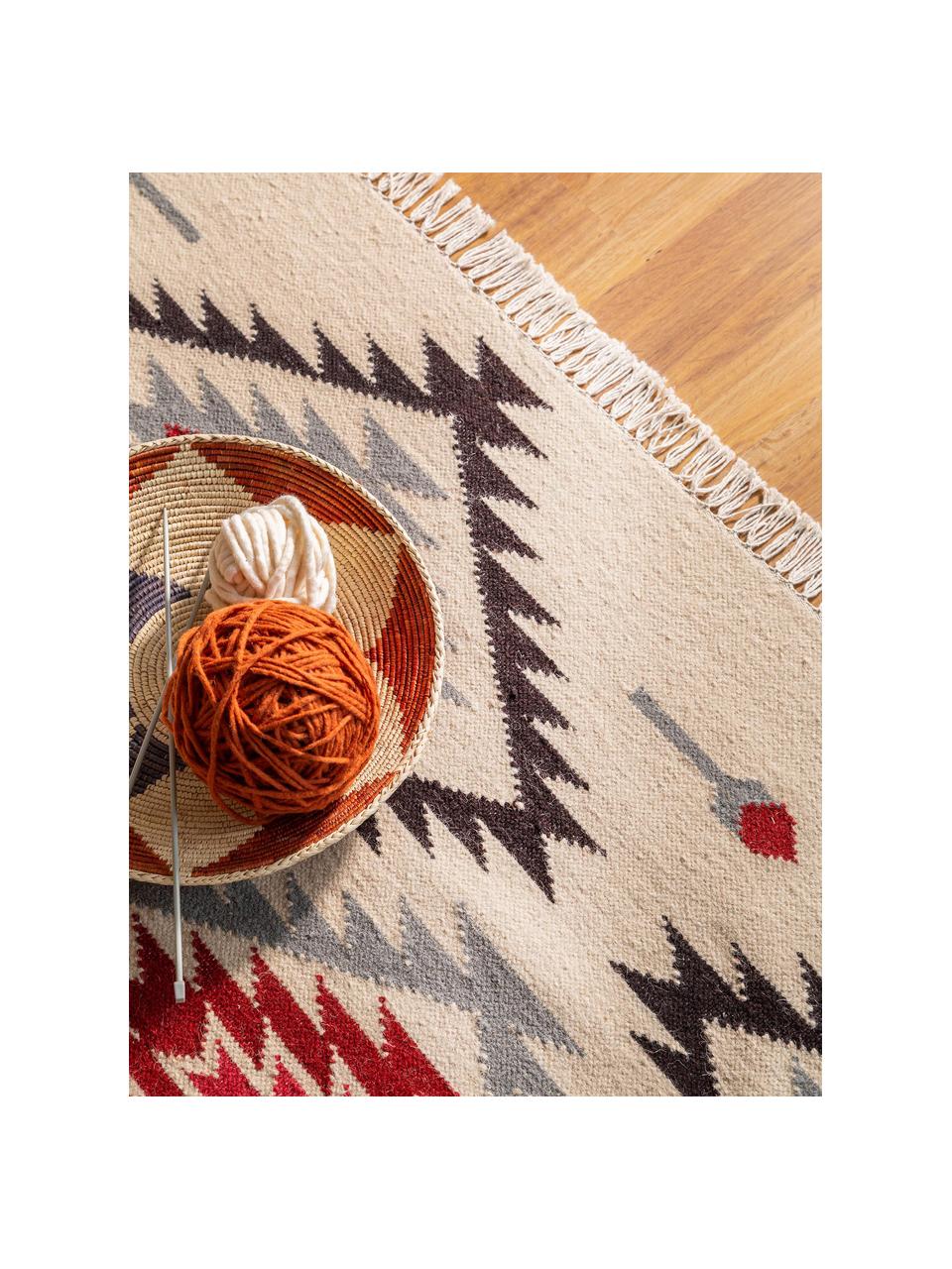 Alfombra de lana artesanal Zohra, Parte superior: 90% lana, 10% algodón, Reverso: lana Las alfombras de lan, Beige, gris, negro, rojo, An 200 x L 300 cm (Tamaño L)