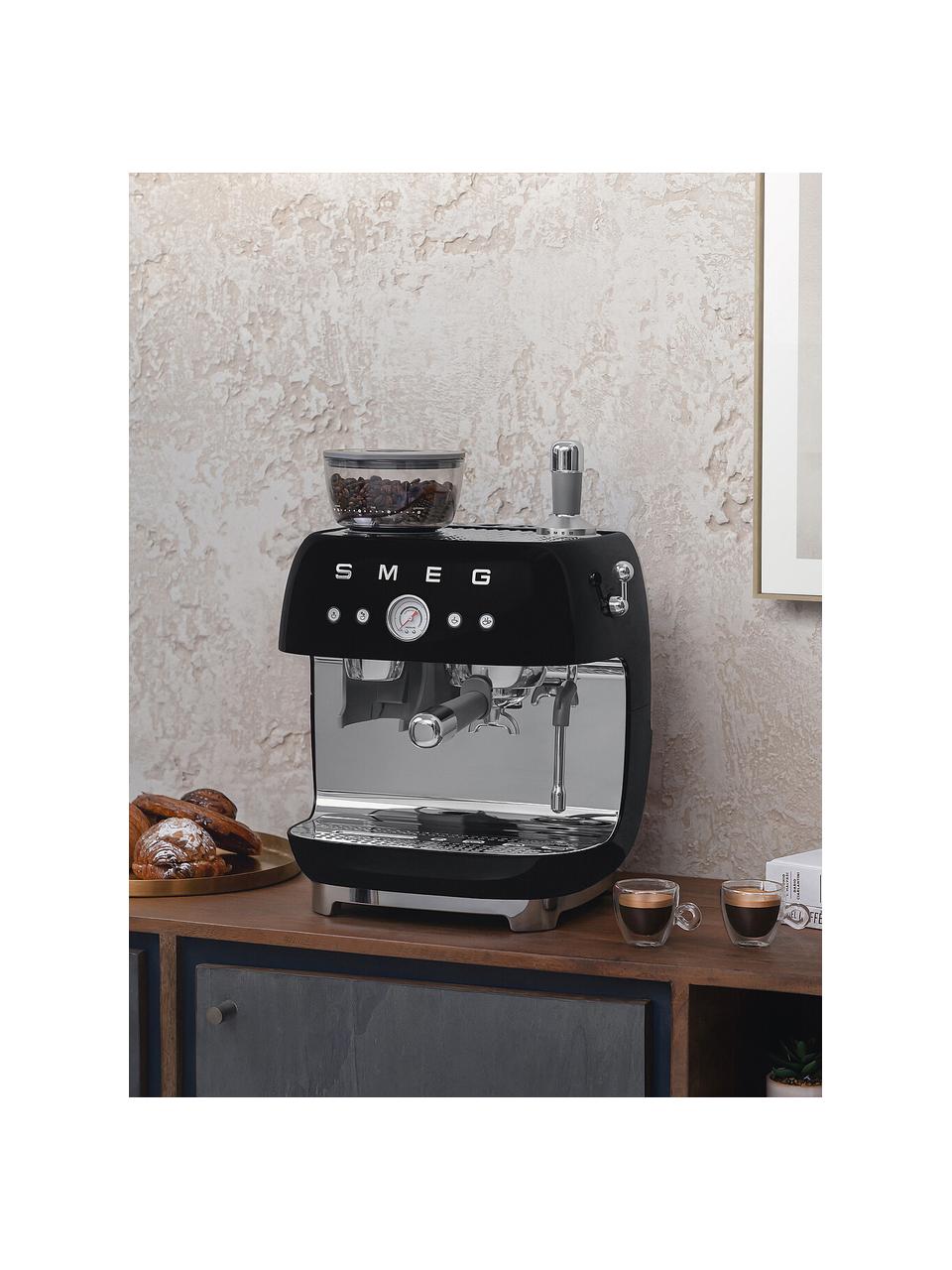 Kaffeemaschine 50's Style mit Siebträger, Aluminium-Druckguss, Edelstahl, Kunststoff, Schwarz, glänzend, B 45 x H 50 cm