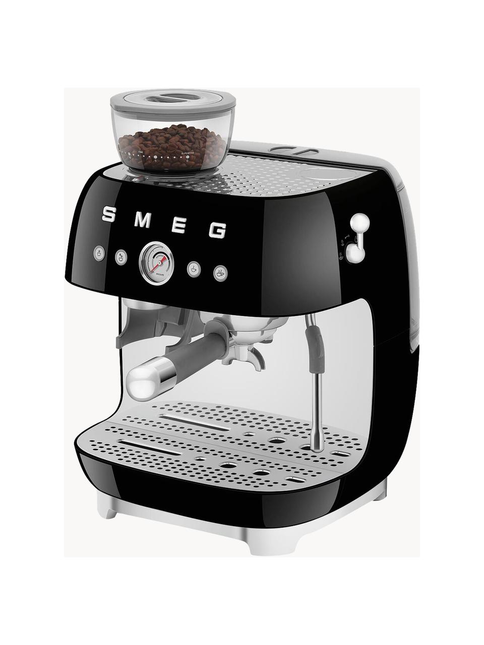 Kaffeemaschine 50's Style mit Siebträger, Aluminium-Druckguss, Edelstahl, Kunststoff, Schwarz, glänzend, B 45 x H 50 cm
