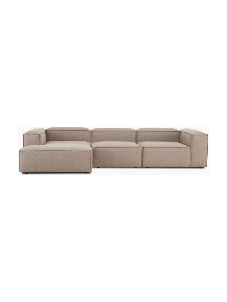 Divano angolare componibile Lennon, Rivestimento: 100% poliestere Con 115.0, Struttura: legno di pino massiccio, , Piedini: plastica, Tessuto taupe, Larg. 327 x Prof. 180 cm, chaise-longue a sinistra