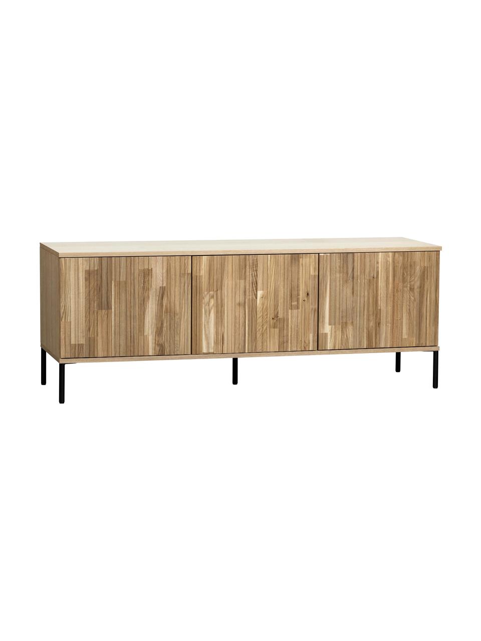 TV-Lowboard Avourio mit geriffelter Front aus Eichenholz, 3-türig, Korpus: Eichenholz, FSC-zertifizi, Füße: Metall, beschichtet, Eichenholz, B 150 x H 56 cm