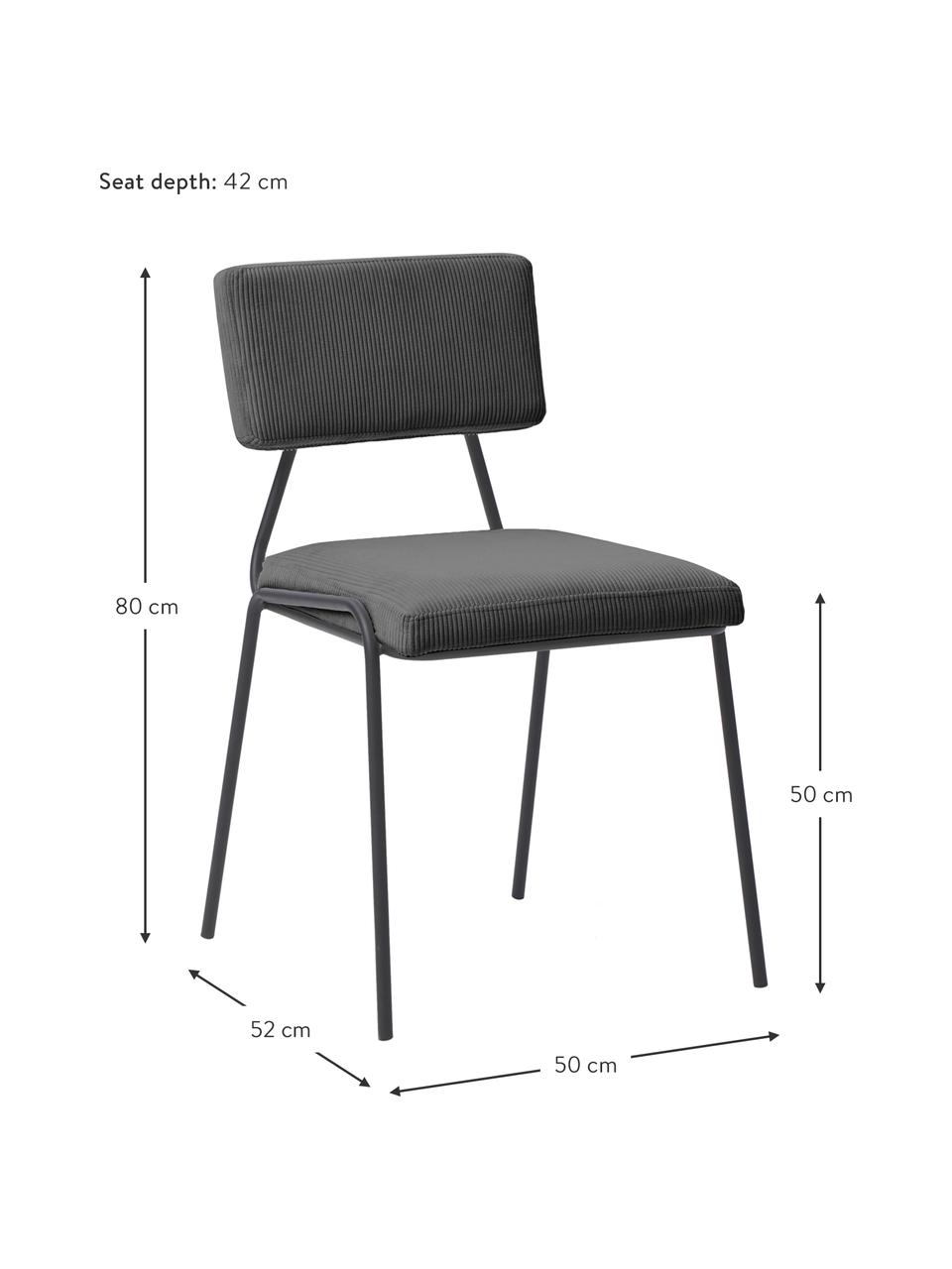 Sedia imbottita in velluto a coste Mats 2 pz, Gambe: metallo verniciato a polv, Velluto a coste grigio, Larg. 50 x Alt. 80 cm