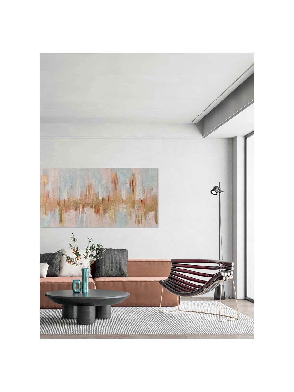 Handbeschilderde canvasdoek Interferenza di Colori, Lichtblauw, lichtroze, beige, B 140 x H 70 cm