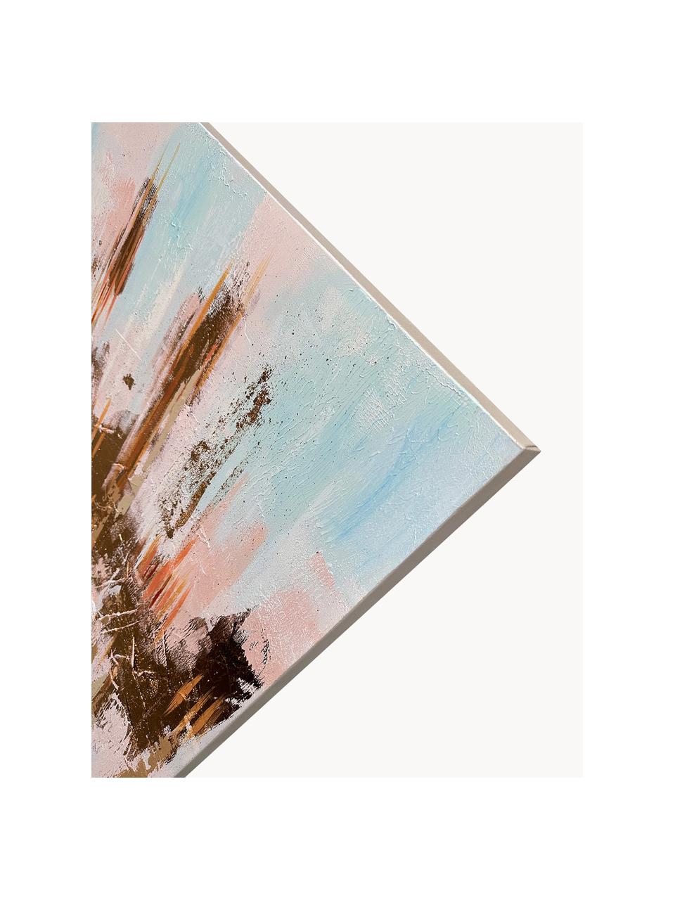 Lienzo pintado a mano Interferenza di Colori, Azul claro, rosa pálido, beige, An 140 x Al 70 cm