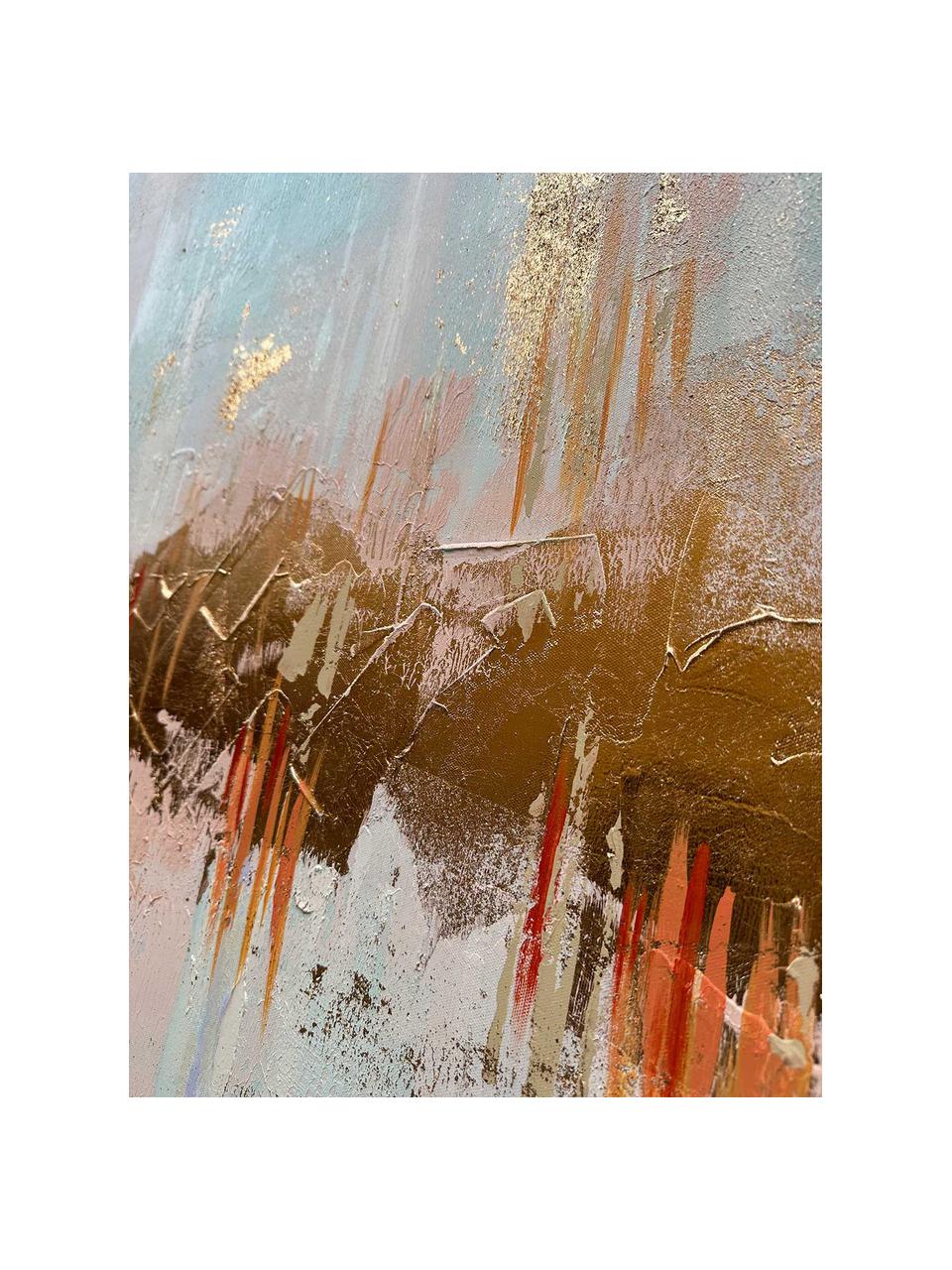 Handbeschilderde canvasdoek Interferenza di Colori, Lichtblauw, lichtroze, beige, B 140 x H 70 cm