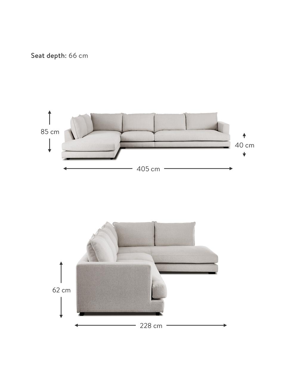 Divano angolare XL Tribeca, Rivestimento: poliestere Il rivestiment, Struttura: legno di pino massiccio, Piedini: legno massiccio di pino l, Tessuto greige, Larg. 405 x Prof. 228 cm, chaise-longue a sinistra