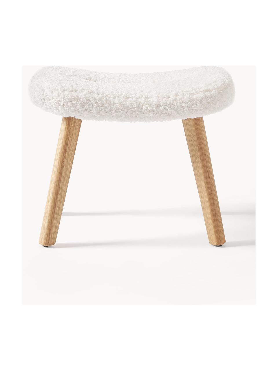 Tabouret en tissu bouclé avec pieds en bois Wing, Peluche blanc, bois de bouleau, larg. 50 x haut. 41 cm