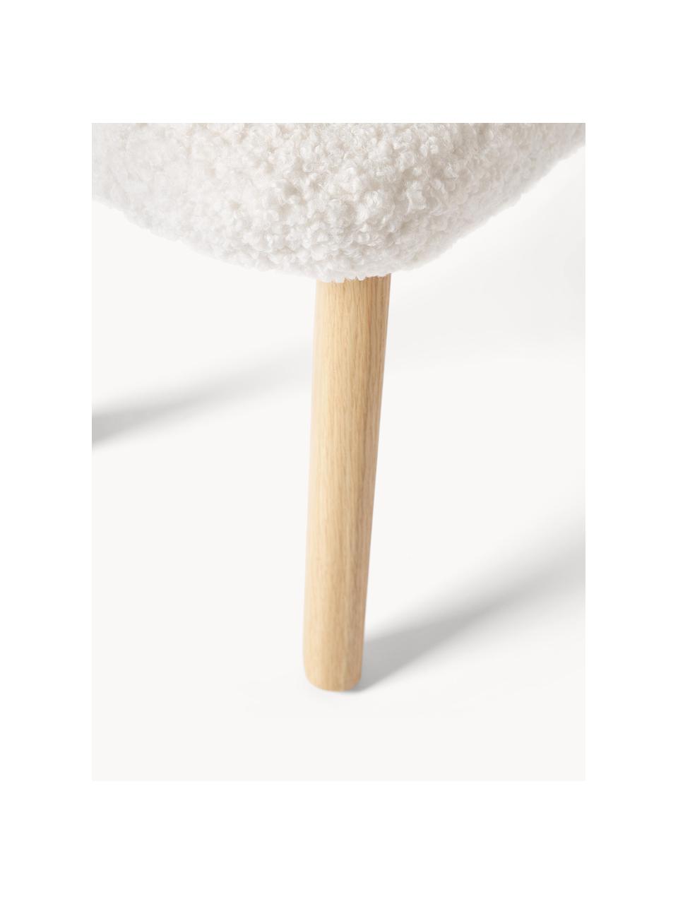 Tabouret en tissu bouclé avec pieds en bois Wing, Peluche blanc, bois de bouleau, larg. 50 x haut. 41 cm