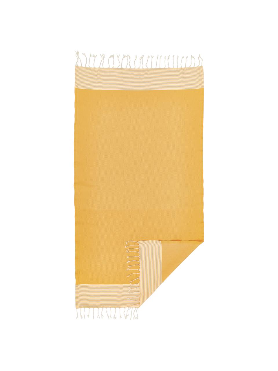 Ręcznik plażowy z frędzlami Ibiza, Bawełna,
Bardzo niska gramatura, 200 g/m², Żółty szafranowy, biały, D 100 x S 200 cm