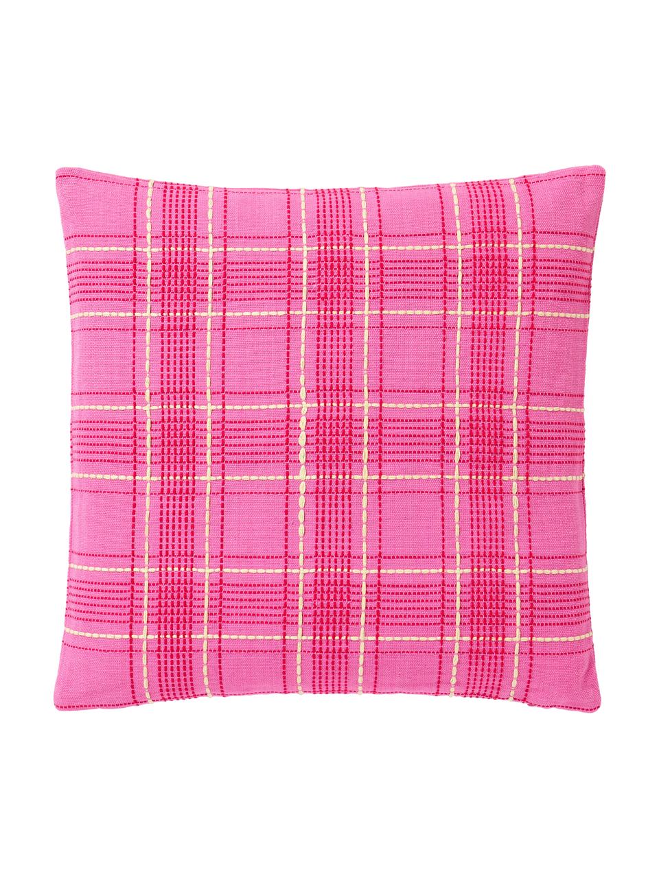 Funda de cojín de algodón bordaodo a cuadros Orla, 100% algodón, Rosa, An 45 x L 45 cm