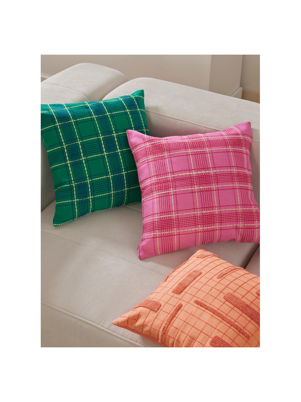 Federa arredo in cotone a quadri con ricamo Orla, 100% cotone, Rosa, Larg. 45 x Lung. 45 cm
