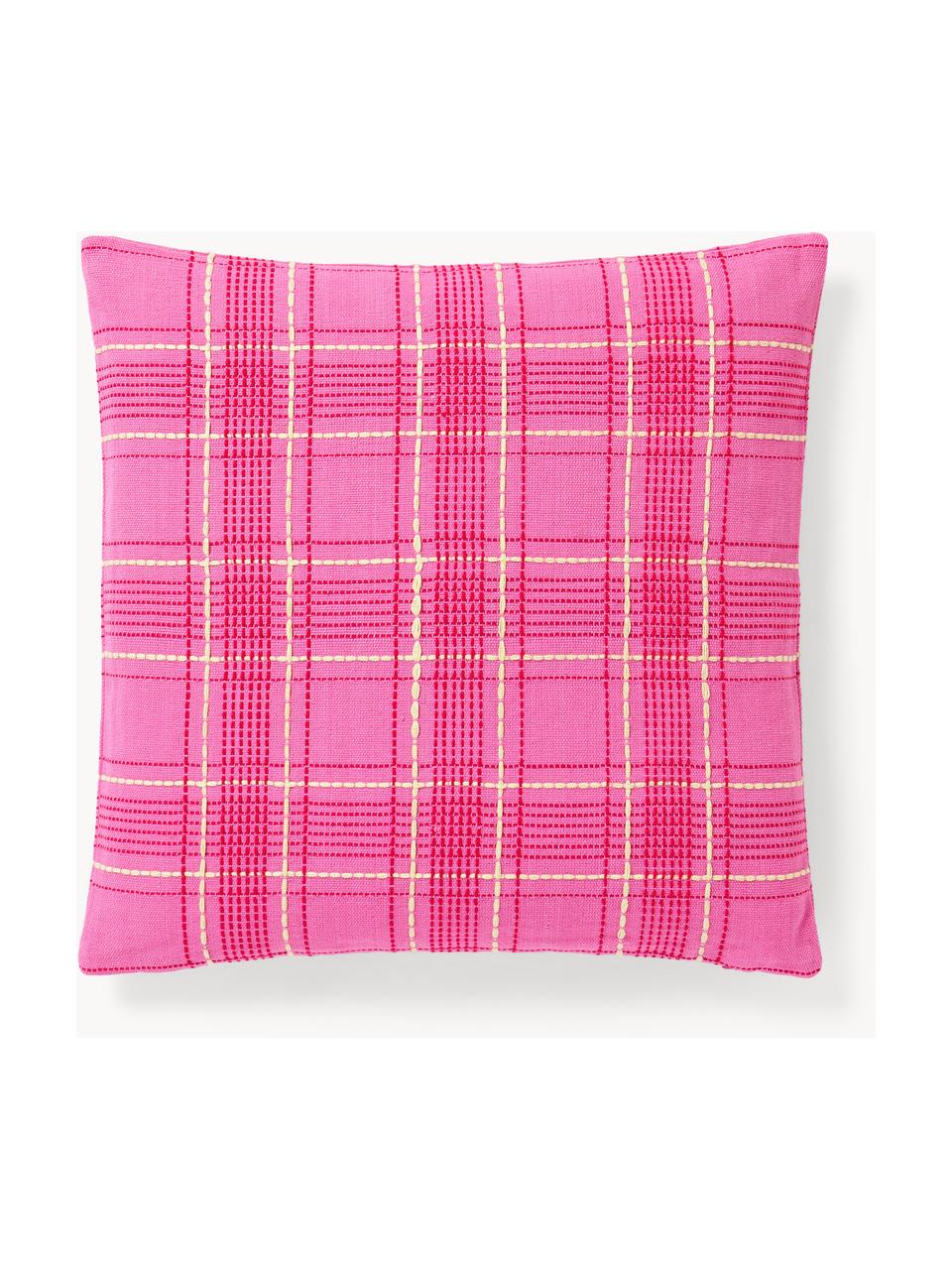 Geruite katoenen kussenhoes Orla met borduursel, 100% katoen, Roze, B 45 x L 45 cm