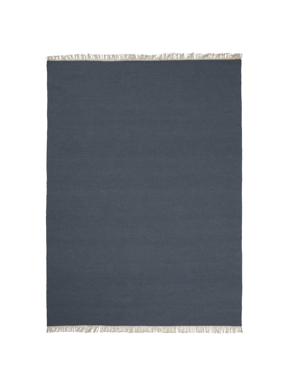 Tappeto Kilim in lana blu tessuto a mano con frange Rainbow, Frange: 100% cotone Nel caso dei , Blu scuro, Larg. 200 x Lung. 300 cm (taglia L)