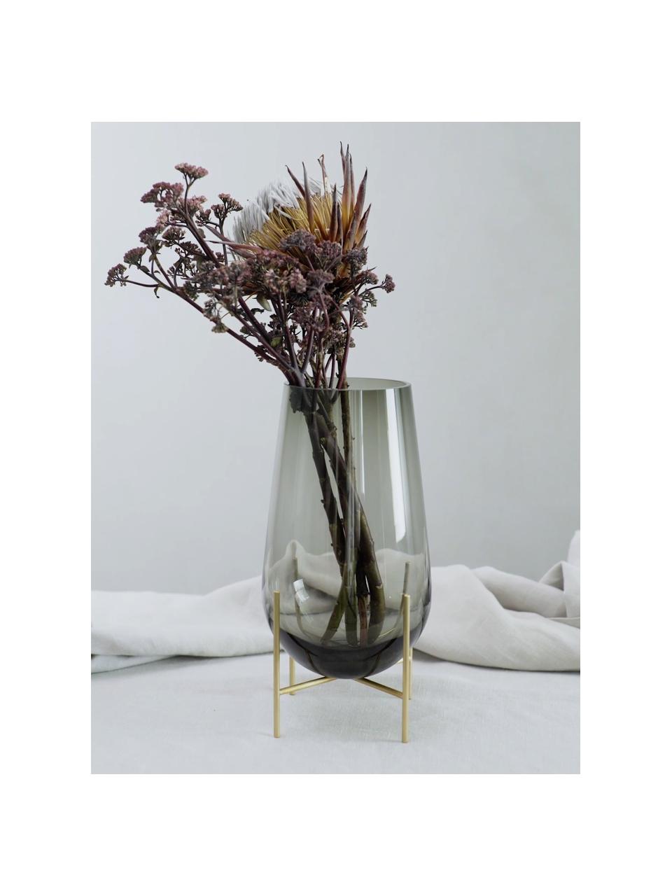 Mundgeblasene Bodenvase Échasse, verschiedene Größen, Gestell: Messing, Vase: Glas, mundgeblasen, Grau, Goldfarben, Ø 15 x H 28 cm