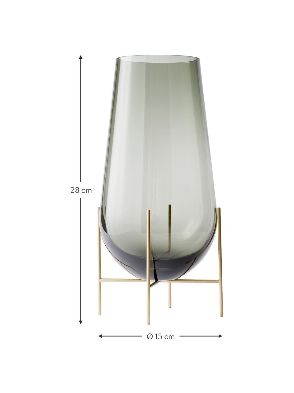 Vaas Échasse, Frame: messing, Vaas: mondgeblazen glas, Messingkleurig, grijs, Ø 15 x H 28 cm