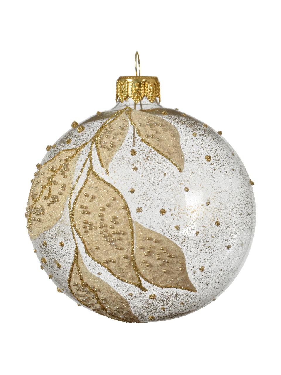 Weihnachtskugeln Leaves Ø 8 cm, 6 Stück, Goldfarben, Weiß, Ø 8 cm