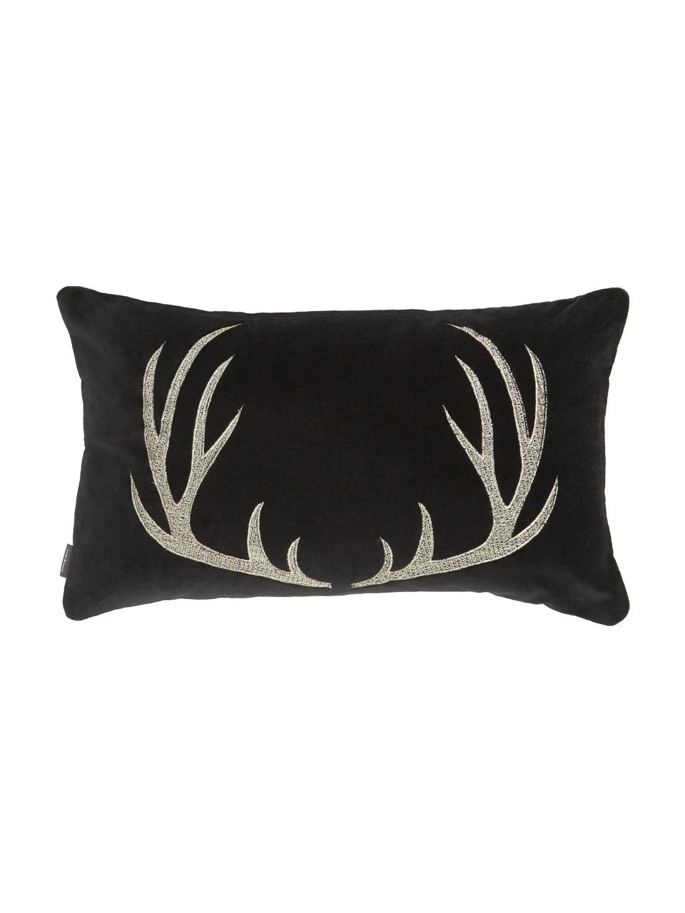 Fluwelen kussen Embroidered Antler met hert motief in zwart, Zwart, beige, B 30 x L 50 cm