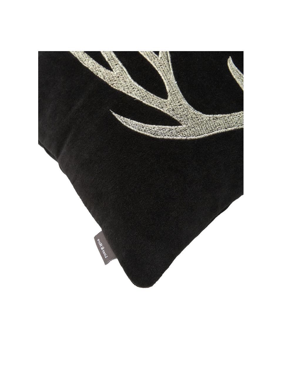 Sametový polštář s motivem jelena Embroidered Antler, Černá, béžová, Š 30 cm, D 50 cm