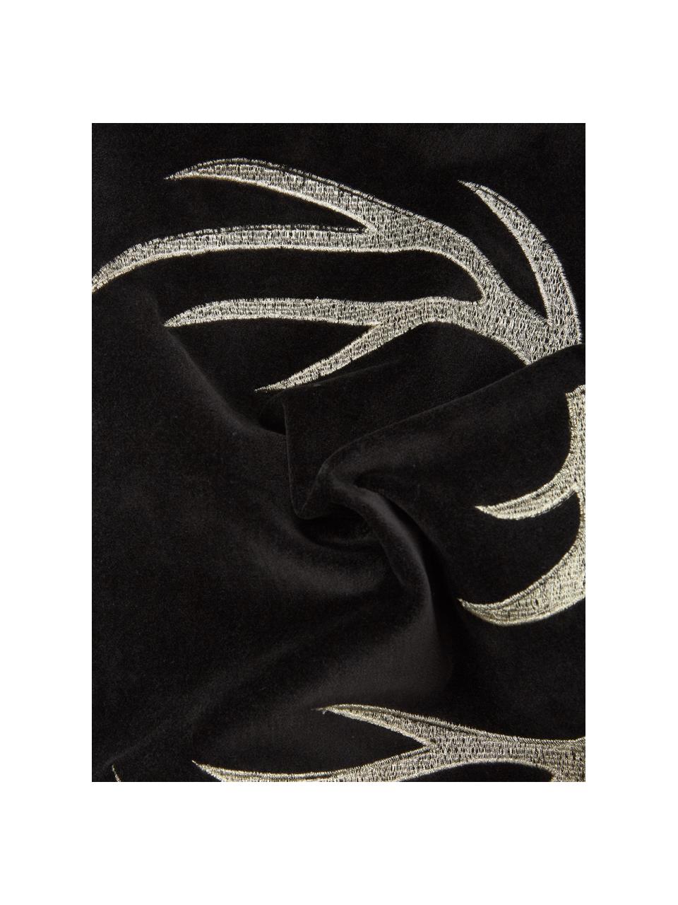 Cuscino in velluto nero ricamato con motivo cervo Antler, Rivestimento: 100% velluto di cotone, Nero, beige, Larg. 30 x Lung. 50 cm