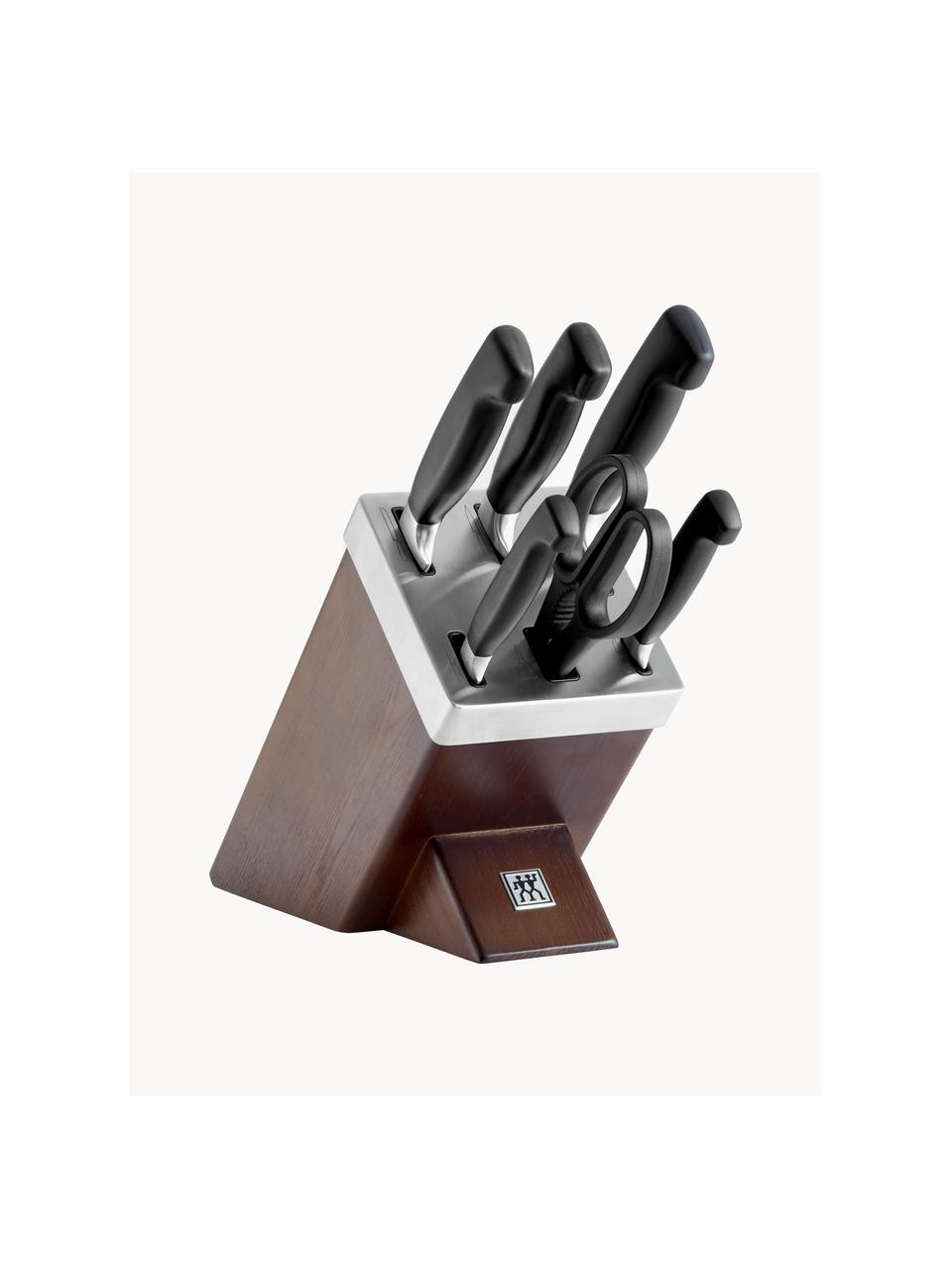 Set coltelli con ceppo autoaffilante in legno di frassino Four Star 7 pz, Manico: plastica, Marrone scuro, argentato, nero, Set in varie misure