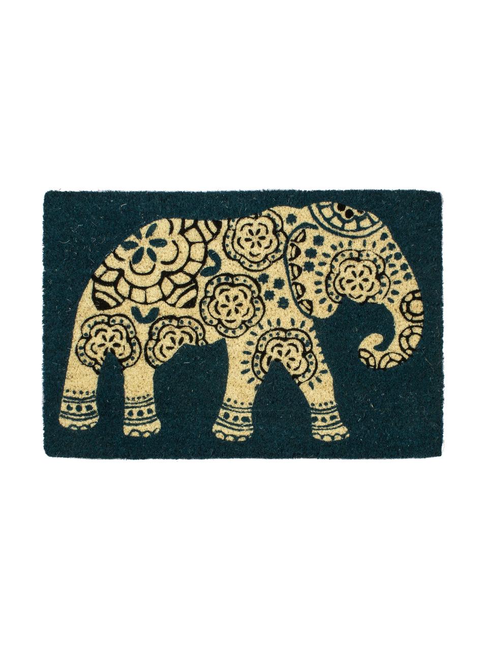 Deurmat Elephant, Bovenzijde: kokosvezels, Onderzijde: kunststof (PVC), Petrolkleurig, beige, zwart, B 40 x L 60 cm