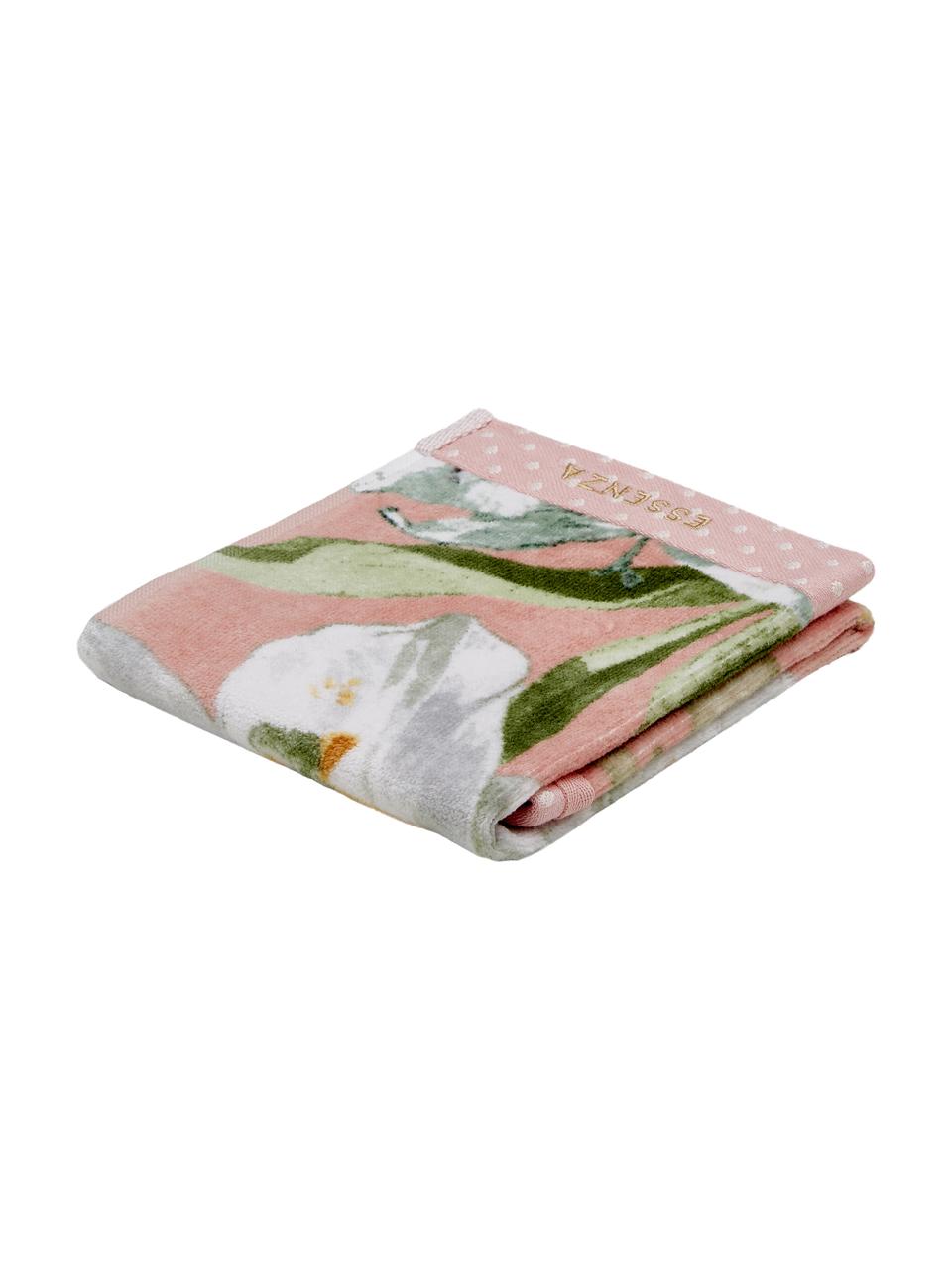 Serviette de toilette à imprimé floral Rosalee, 100 % coton bio, certifié GOTS, Rose, blanc, vert, orange, Serviette de toilette, larg. 55 x long. 100 cm