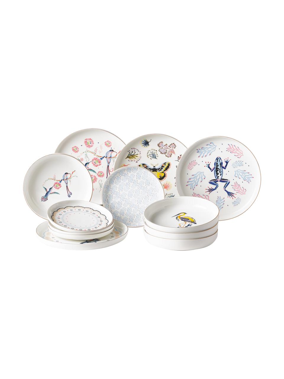 Serviesset Flamboyant, 4 personen (12-delig), Porselein, Meerkleurig met goudkleurige rand, Ø 26 x H 3 cm