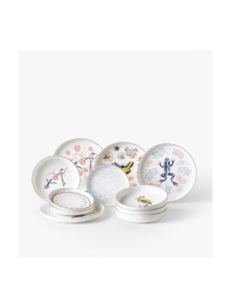 Vajilla Flamboyant, 4 comensales (12 pzas.), Porcelana, Multicolor con borde dorado, 4 comensales (12 pzas.)