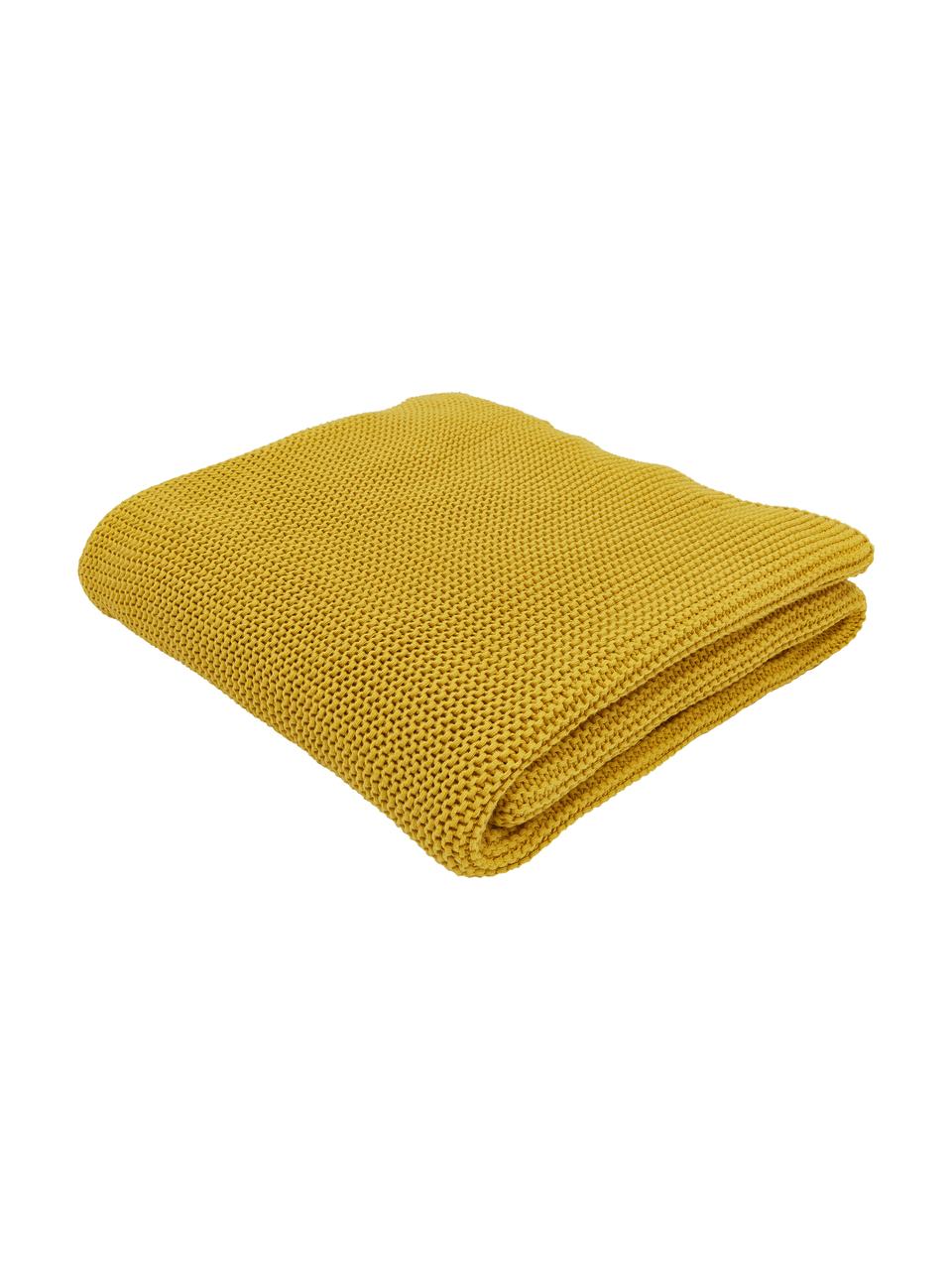 Coperta a maglia in cotone biologico color giallo senape Adalyn, 100% cotone biologico, certificato GOTS, Giallo senape, Larg. 150 x Lung. 200 cm