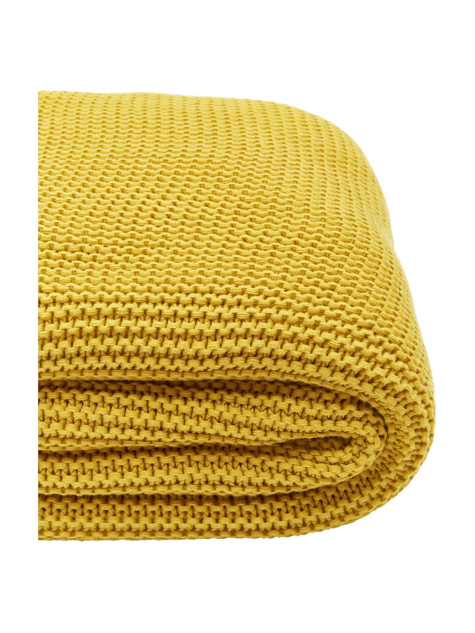 Coperta a maglia in cotone organico Adalyn, 100% cotone organico, certificato GOTS, Giallo senape, Larg. 150 x Lung. 200 cm