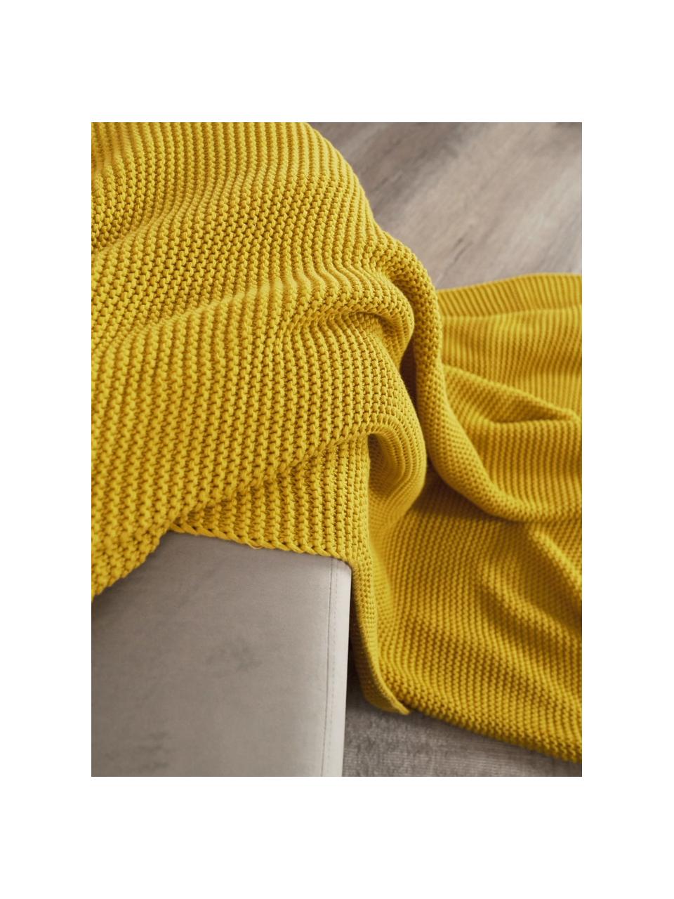 Coperta a maglia in cotone organico Adalyn, 100% cotone organico, certificato GOTS, Giallo senape, Larg. 150 x Lung. 200 cm