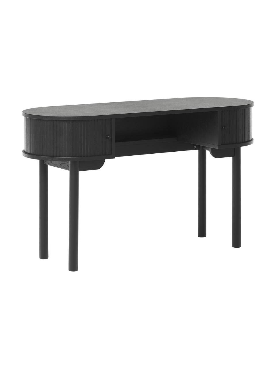 Scrivania con frontale a coste Calary, Gambe: legno massiccio di querci, Nero, Larg. 130 x Prof. 50 cm