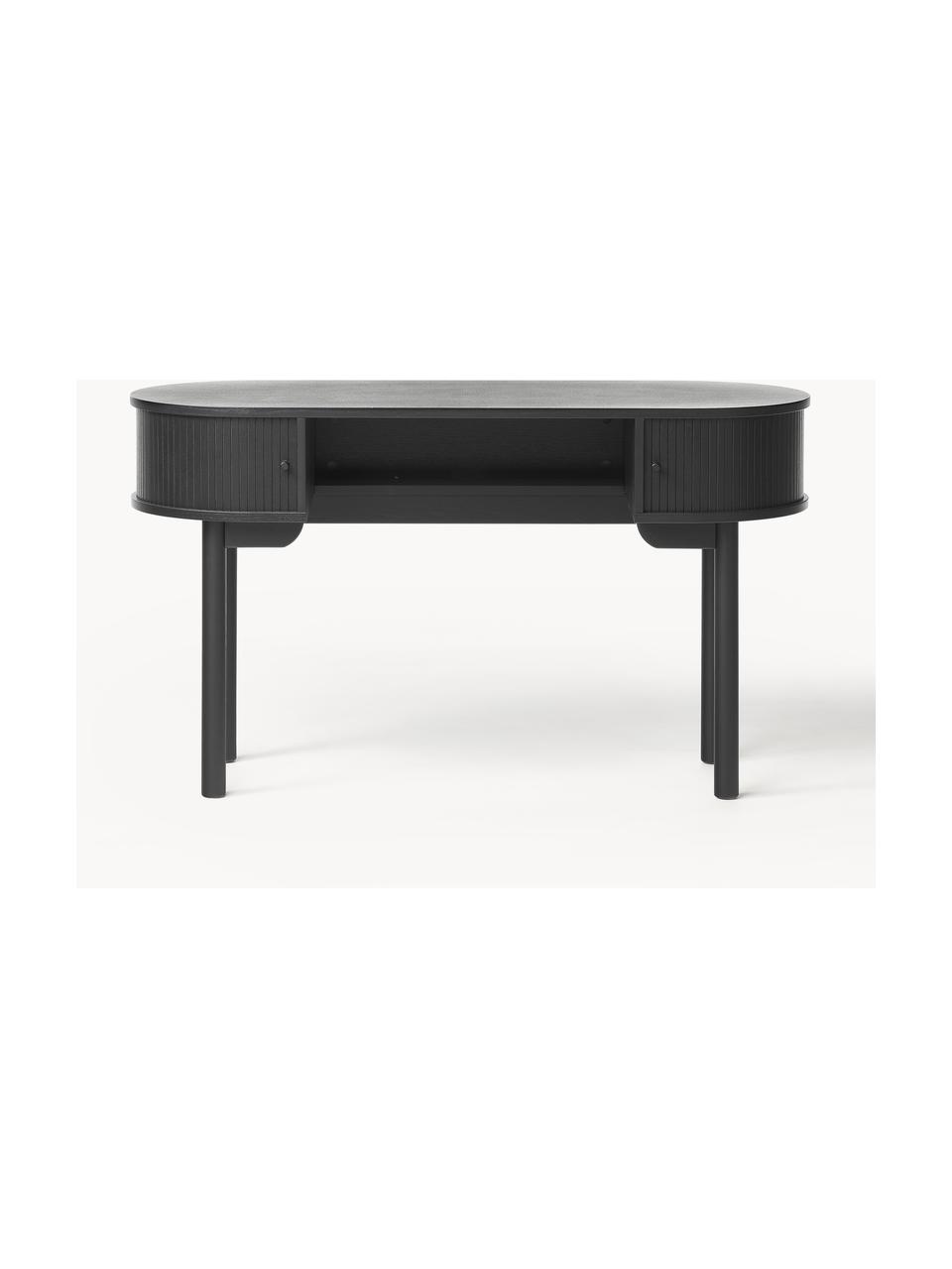 Psací stůl s žebrovanou přední stranou Front, Dubové dřevo, černě lakované, Š 130 cm, H 50 cm