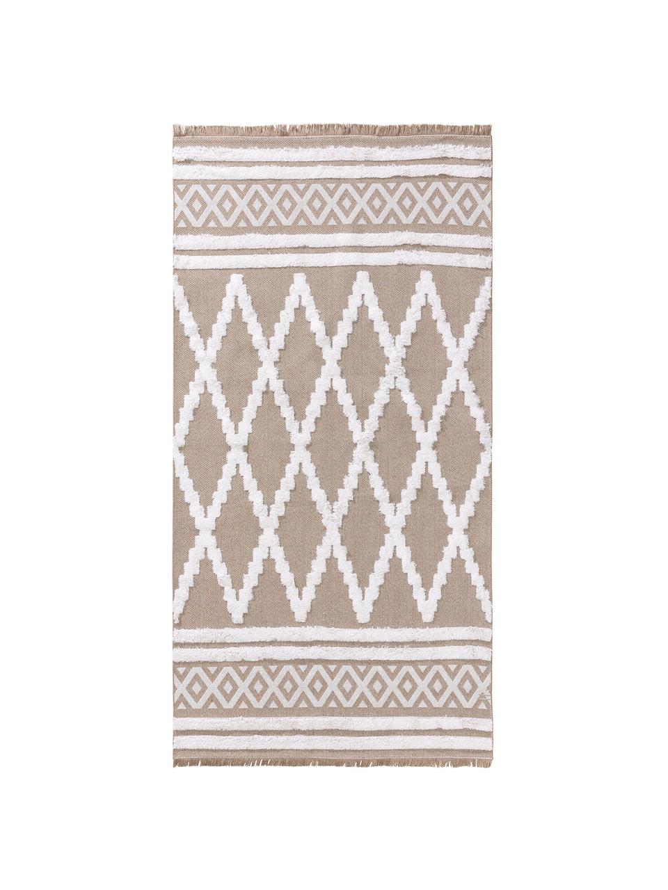 Tapis ethnique lavable en coton Oslo Karo, Taupe, blanc crème