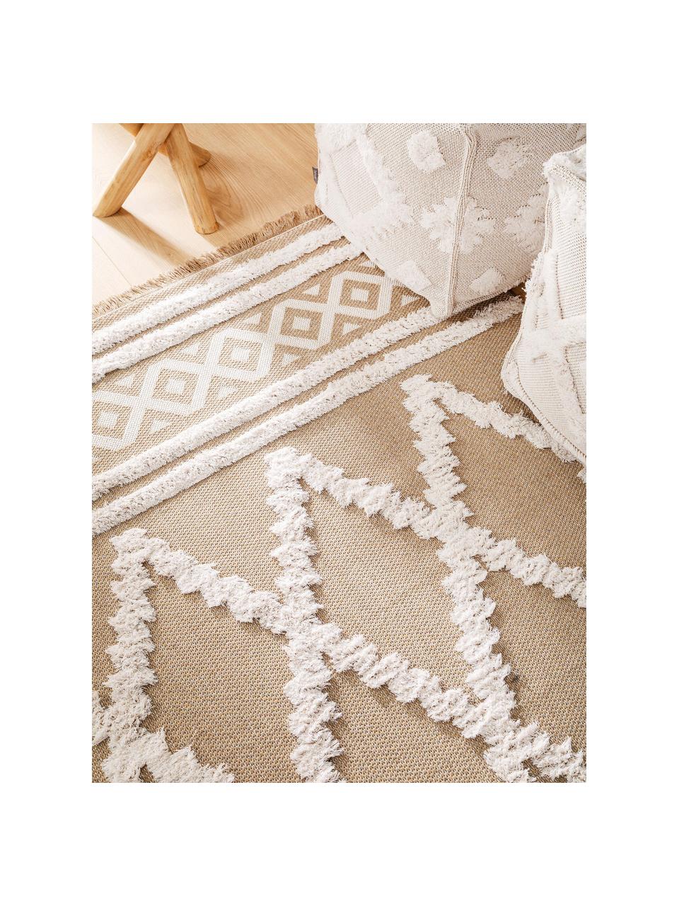 Tapis ethnique lavable en coton Oslo Karo, Taupe, blanc crème