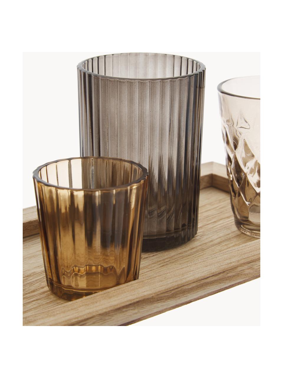 Windlichtenset Wessel van glas, set van 10, Dienblad: paulowniahout, Bruintinten, transparant, helder hout, B 56 x H 10 cm