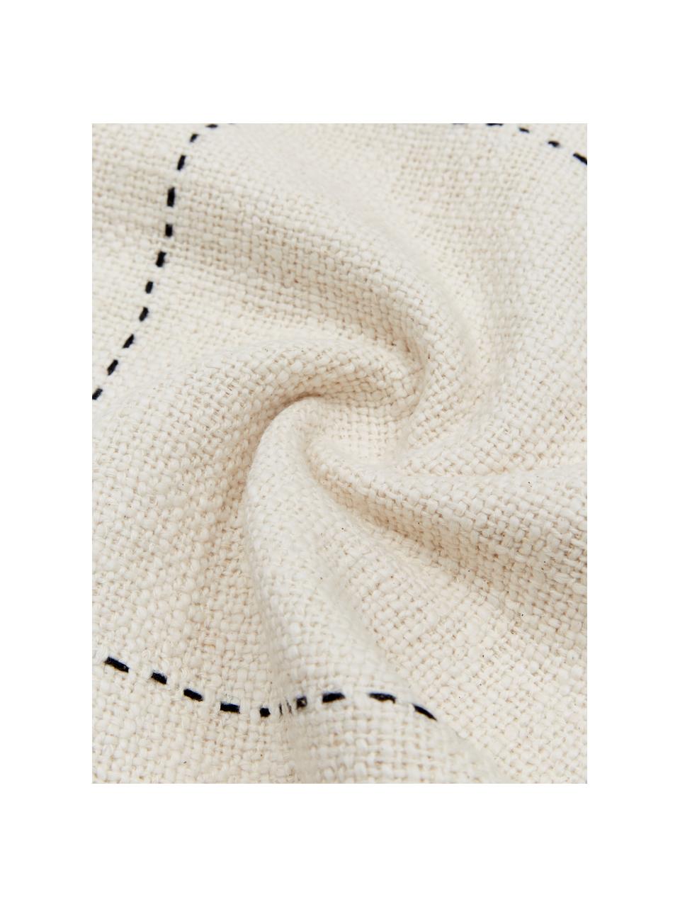Poszewka na poduszkę z frędzlami i haftem w stylu boho Edvin, 100% bawełna, Odcienie kremowego, czarny, S 45 x D 45 cm