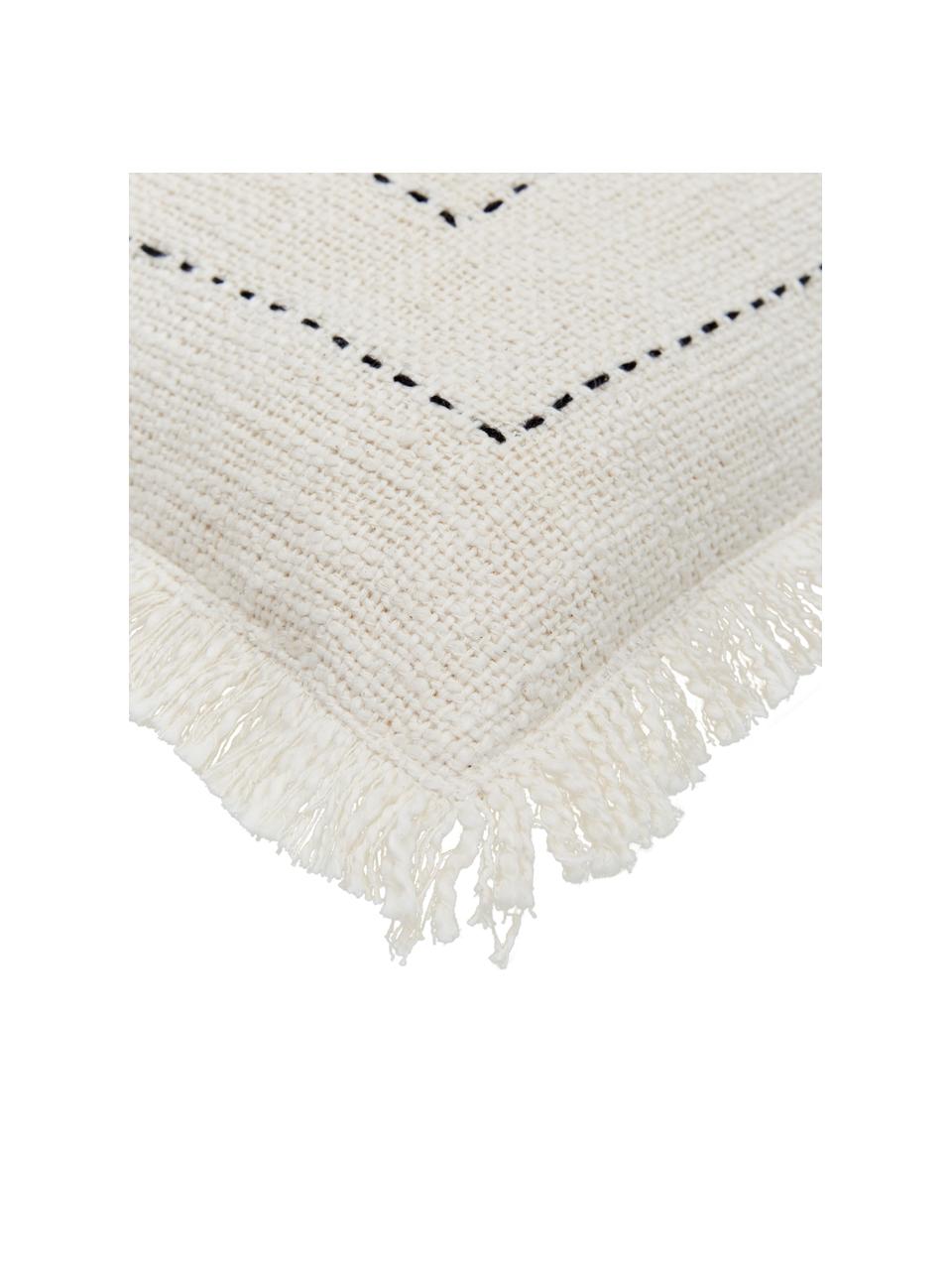 Bestickte Kissenhülle Edvin mit Fransenabschluss, 100% Baumwolle, Hellbeige, Schwarz, B 45 x L 45 cm