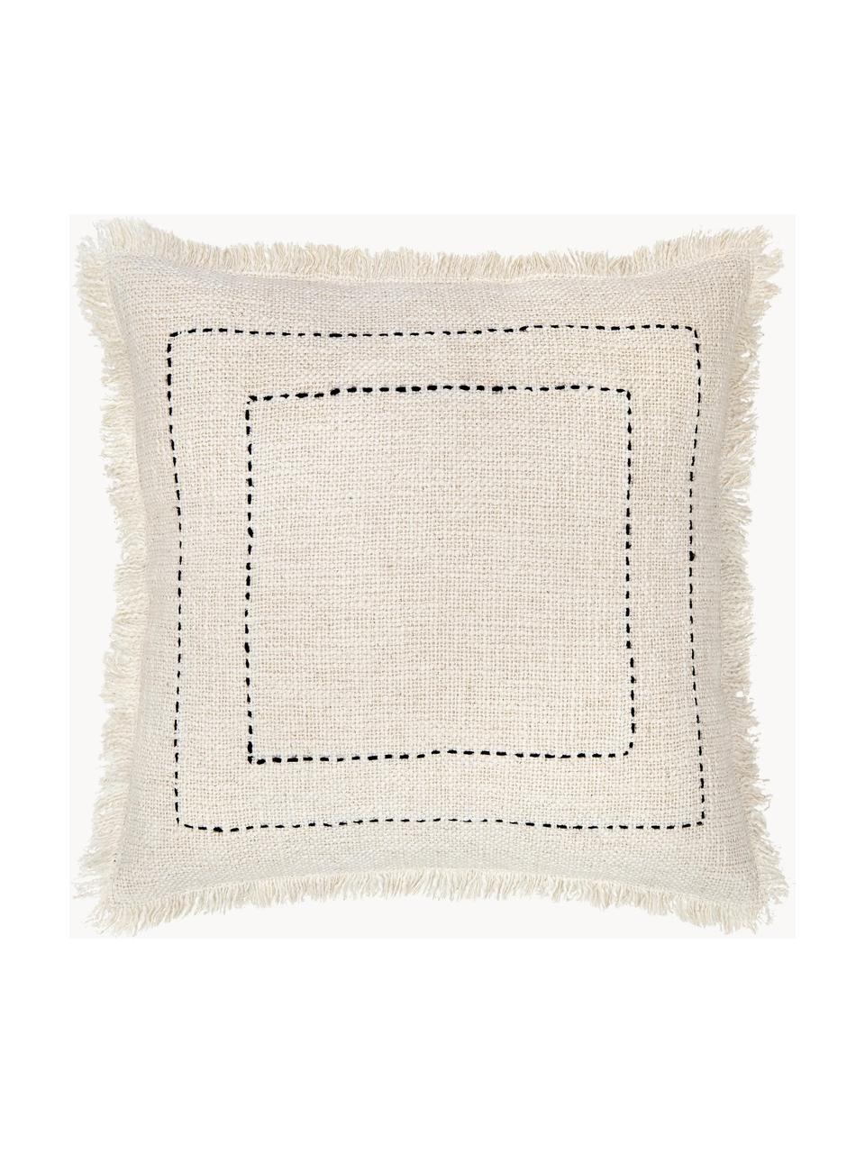 Federa arredo boho ricamata con frange Edvin, 100% cotone, Bianco crema, nero, Larg. 45 x Lung. 45 cm