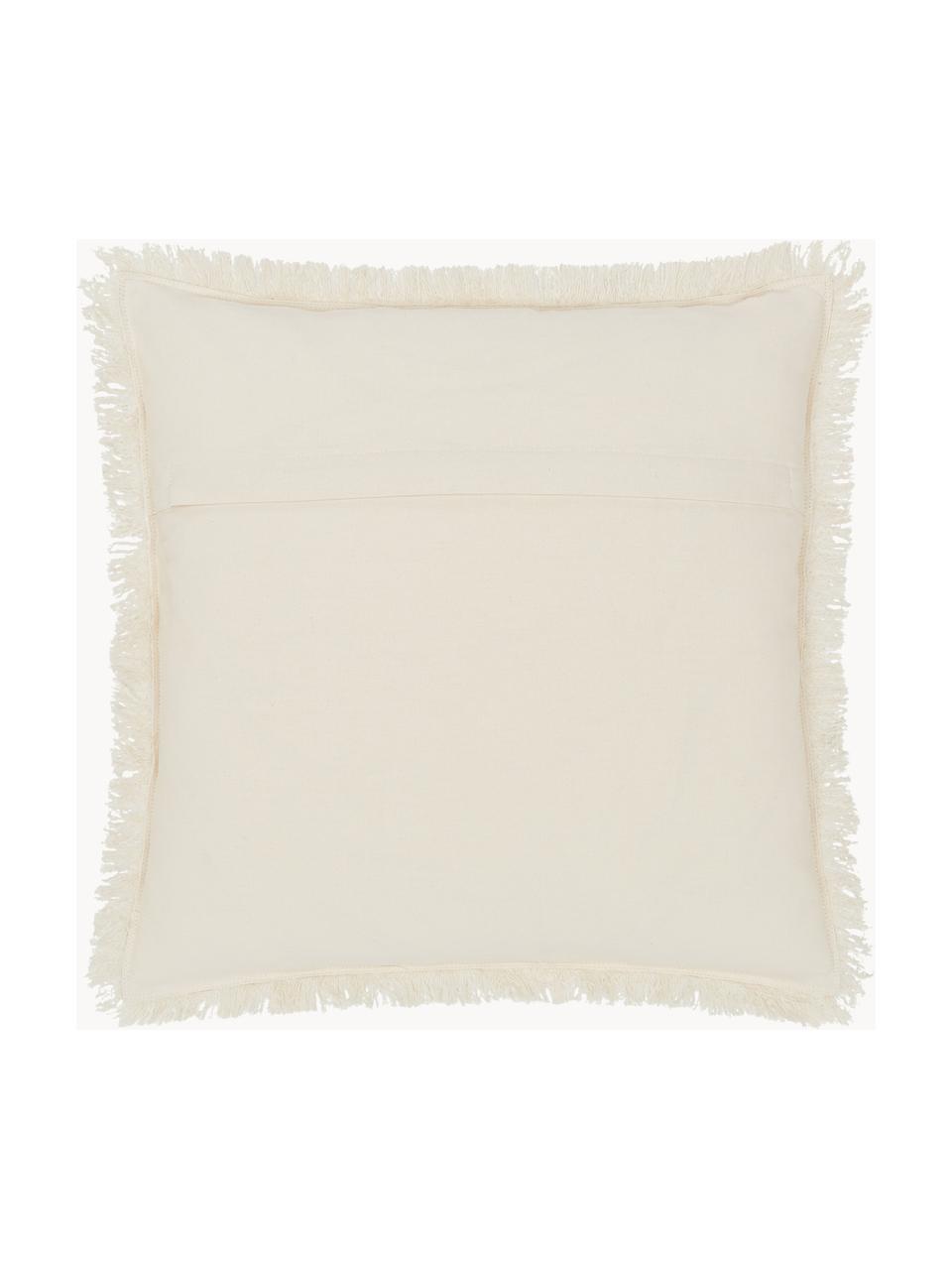 Housse de coussin 45x45 boho à franges blanc crème ajourée Edvin, 100 % coton, Beige, larg. 45 x long. 45 cm