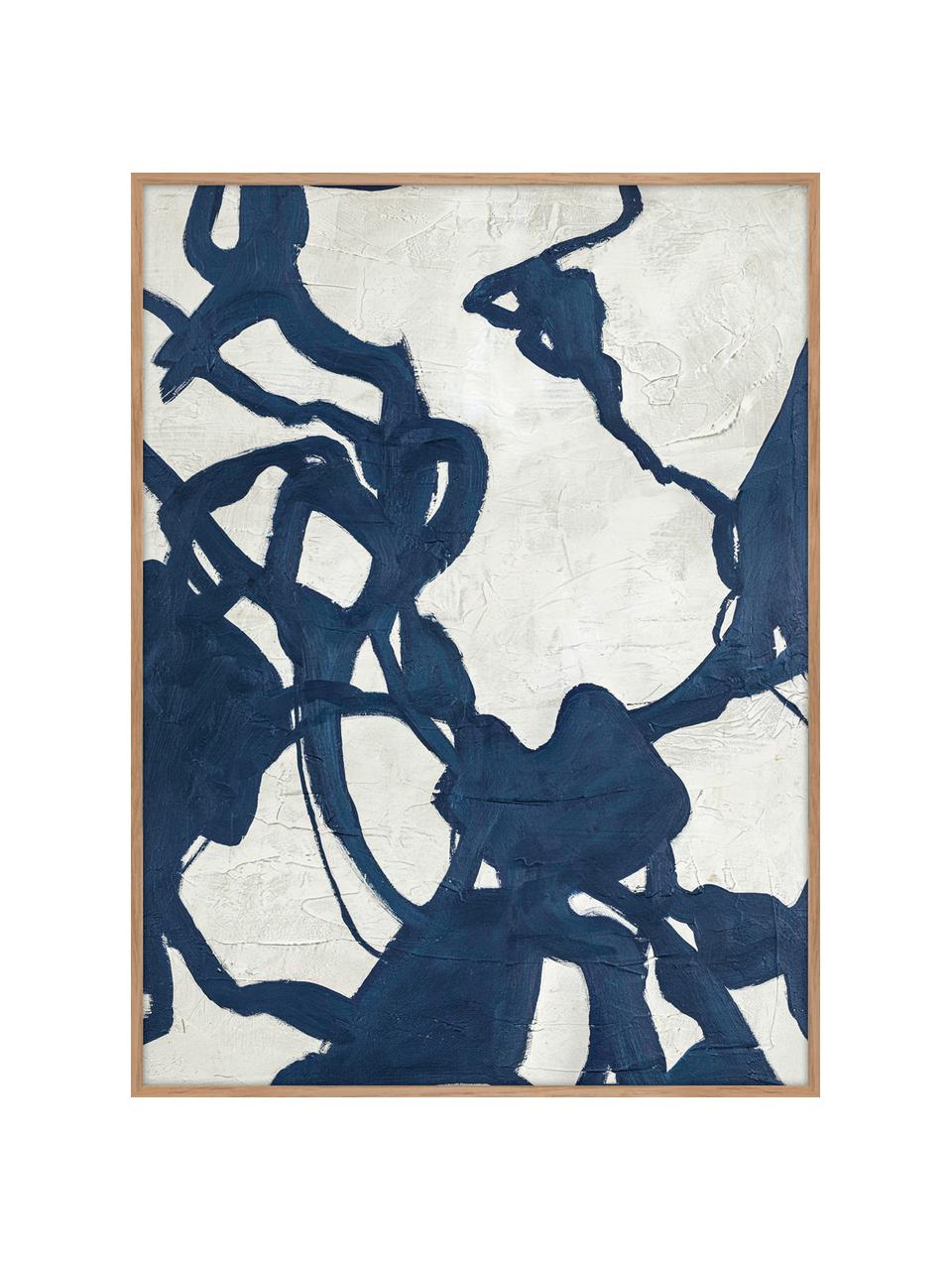 Cuadro en lienzo pintado a mano Blueplay, marco de madera, Estructura: madera de roble, Blanco, azul oscuro, An 92 x Al 120 cm