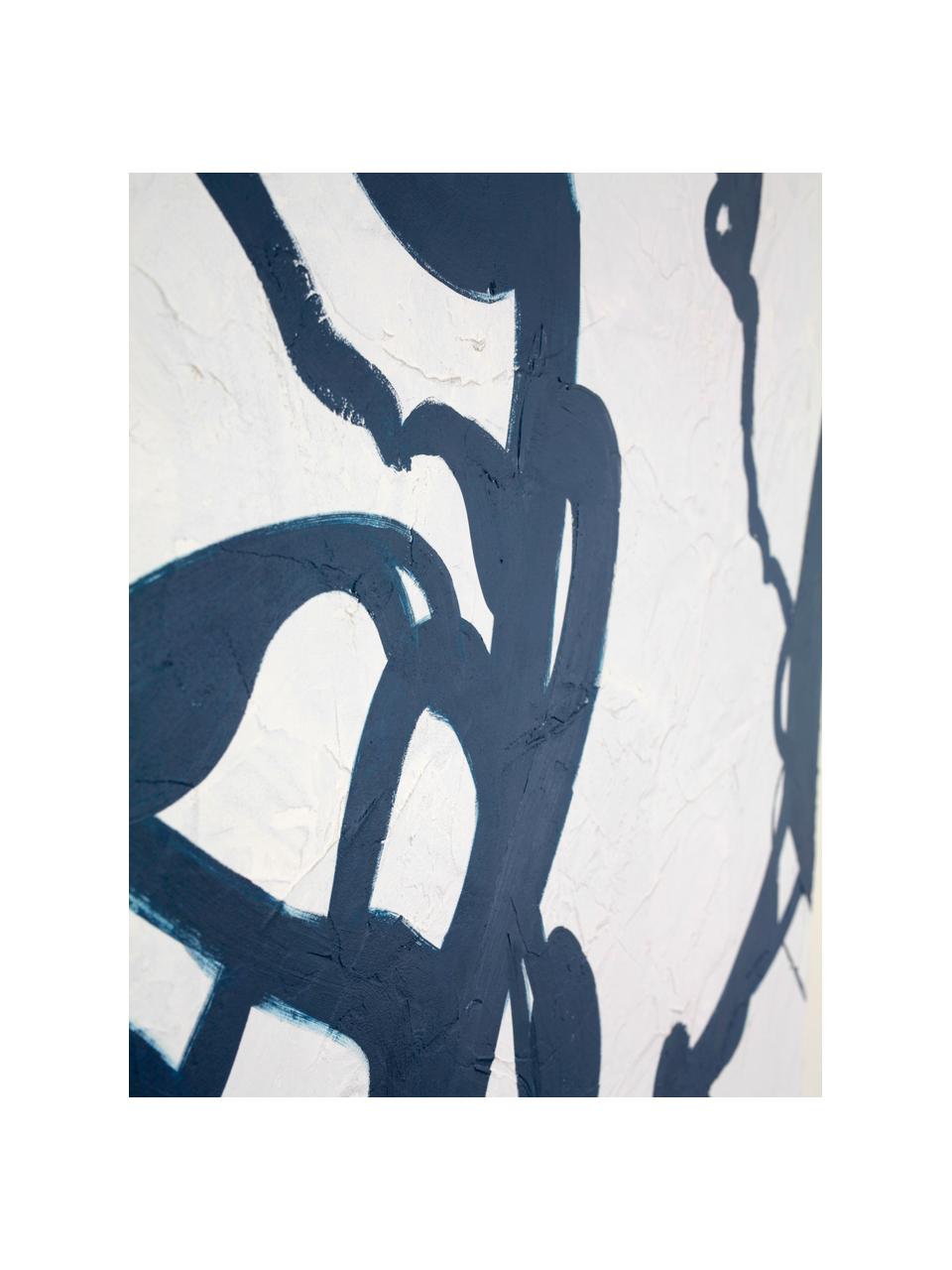 Cuadro en lienzo pintado a mano Blueplay, marco de madera, Estructura: madera de roble, Blanco, azul oscuro, An 92 x Al 120 cm