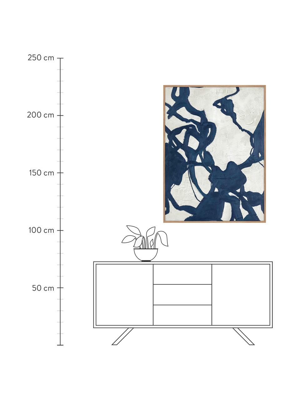 Quadro dipinto a mano con cornice in legno Blueplay, Struttura: legno di quercia, Bianco, blu scuro, Larg. 92 x Alt. 120 cm