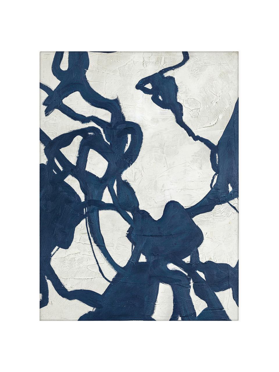 Quadro su tela dipinto a mano con cornice in legno Blueplay, Cornice: legno di quercia, Bianco latte, blu scuro, Larg. 92 x Alt. 120 cm
