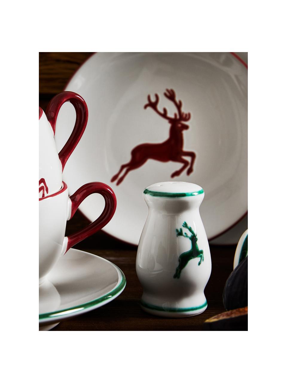 Handbeschilderde zoutstrooier Gourmet Green Deer, Keramiek, Groen, wit, H: 9 cm