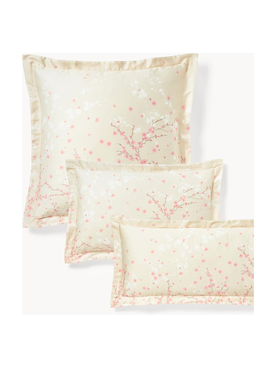 Funda de almohada de satén estampada Sakura, Beige, rosa, blanco, An 45 x L 110 cm