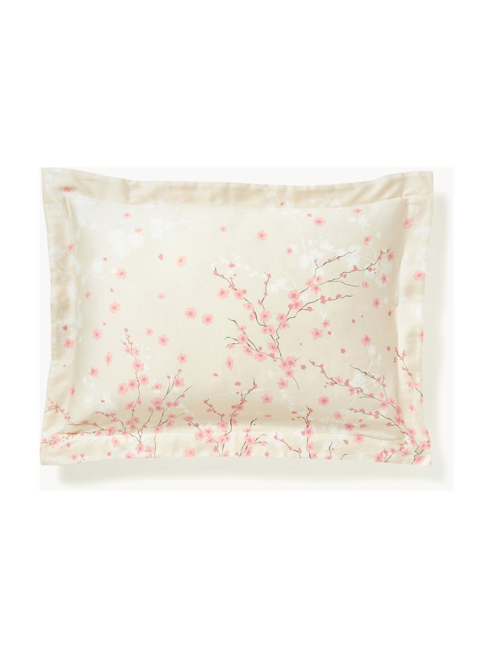 Funda de almohada de satén estampada Sakura, Beige claro, rosa claro, blanco, An 65 x L 65 cm