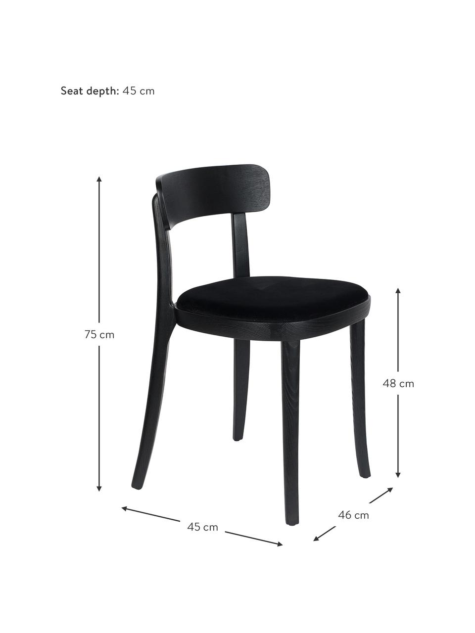 Holzstuhl Brandon mit gepolsterter Samt-Sitzfläche, Bezug: 100% Polyestersamt Der st, Rahmen: Eschenholz, massiv, lacki, Sitzfläche: Schichtholz, Schwarz, B 46 x T 45 cm