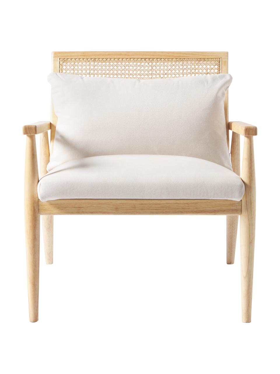 Fauteuil lounge en bois d'hévéa massif Manuell, Tissu blanc crème, bois d'hévéa, larg. 65 x long. 71 cm